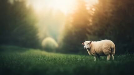 Fototapeta premium A solitary sheep grazes peacefully on a lush green field surrounded by serene hills and trees at golden hour