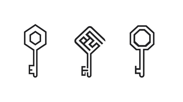Three minimalist key designs, each with a different geometric head shape and a simple, black outline