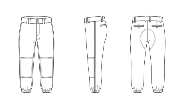 Baseball Pants Sportswear Technical Drawing, Team Performance Uniform Multi-View Line Art Vector