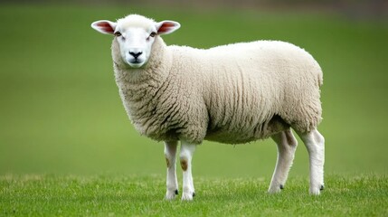 Fototapeta premium A sheep stands proudly atop a vibrant, grassy hill, looking straight into the camera under the warm glow of bright natural sunlight