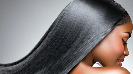 Fototapeta premium Captivating portrait of a stunning mixed race woman with long black hair showcasing elegance and beauty against a soft gray backdrop