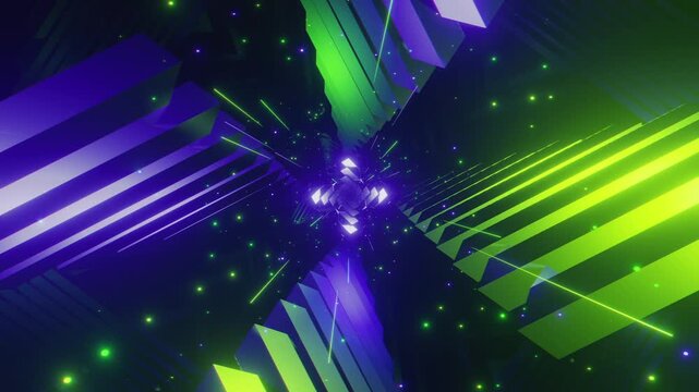 4K seamless green and lilac VJ loop with abstract high-tech polygonal tunnel and glowing light streaks for VJ sets, high-tech club visuals, music festivals, stage screens, LED video walls