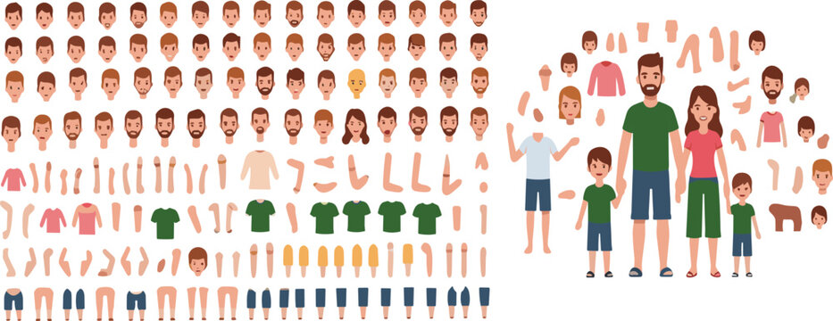 Character creator kit and camping lifestyle collection with family avatars, body parts and outdoor elements, flat vector illustration set for game design and customization