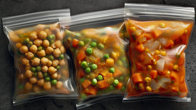 Vegan meal prep in plastic zip bags. Fresh organic vegetables and legumes for healthy nutrition. Food storage bags for freezer organization. Eco-friendly meal planning and portion control.