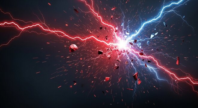Abstract explosion of red and blue lightning bolts clashing in the dark with debris