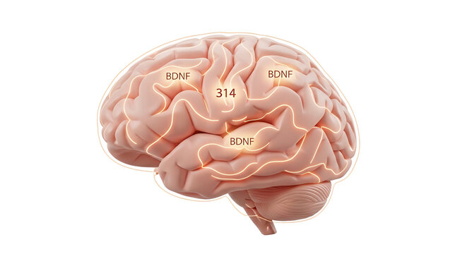 A detailed illustration of a human brain with BDNF and 314 labels
