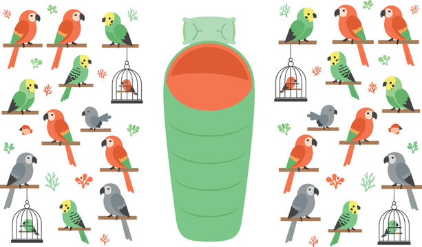 Cute parrots and birds set with cage elements and baby sleeping wrap illustration for nursery vector design collection