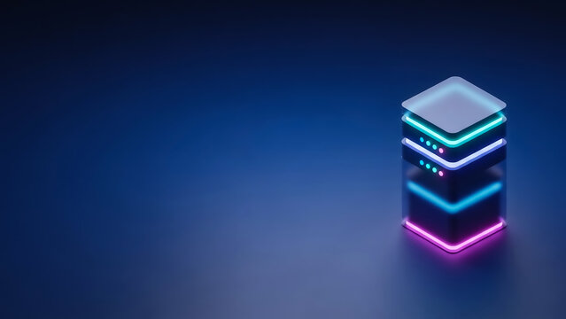 Abstract 3D rendering of a glowing, layered technology stack with neon lights on a dark gradient background.