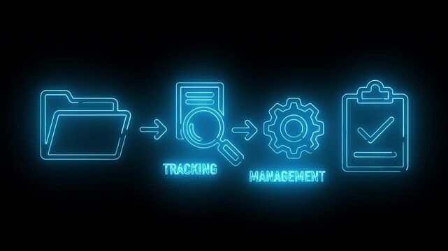 Neon-lit icons illustrating a workflow process with tracking and management on a black background.