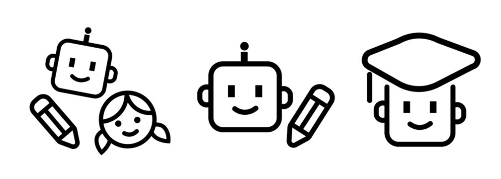 Artificial intelligence education icons set for kids featuring friendly robot characters with pencil and graduation cap symbols for smart learning digital school technology educational app