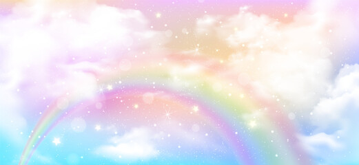 Holographic rainbow unicorn background, cute candy wallpaper and kawaii or magic mermaid flyer with glitter star, bokeh light and pastel pink sky cloud. Fairy tale backdrop and birthday party banner. © Impixdesign