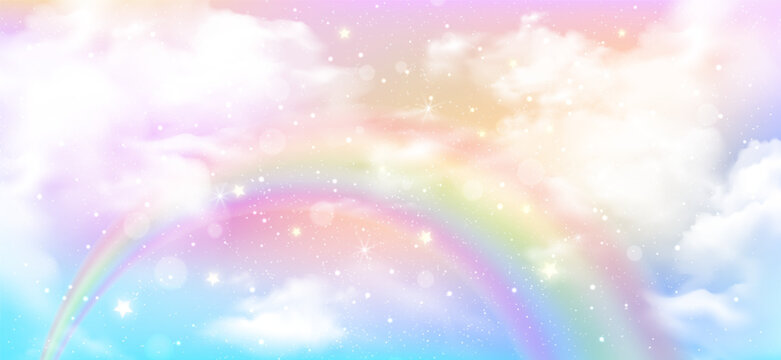 Holographic rainbow unicorn background, cute candy wallpaper and kawaii or magic mermaid flyer with glitter star, bokeh light and pastel pink sky cloud. Fairy tale backdrop and birthday party banner.