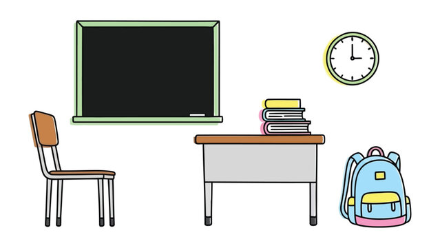 Educational Classroom Essentials: An inviting illustration of a classroom environment, complete with a chalkboard, desk, chair, books, backpack, and a clock. Designed for educational use.