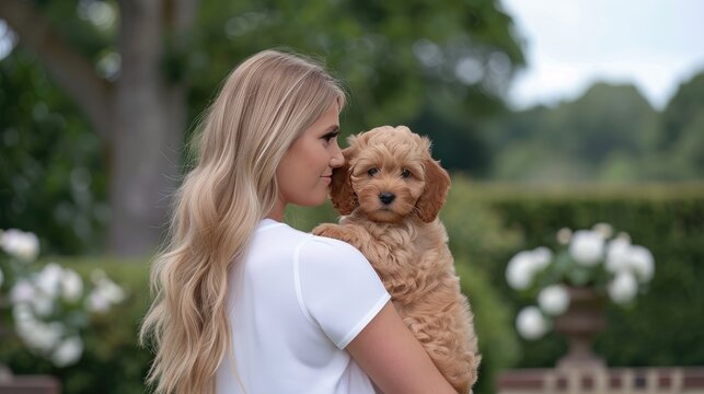 A joyful blonde woman enjoys a sunny day in the park, cuddling her adorable cavapoo puppy while soaking in nature's beauty