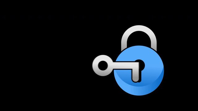 padlock unlocked with key animation on alpha channel background. 4k video motion graphic