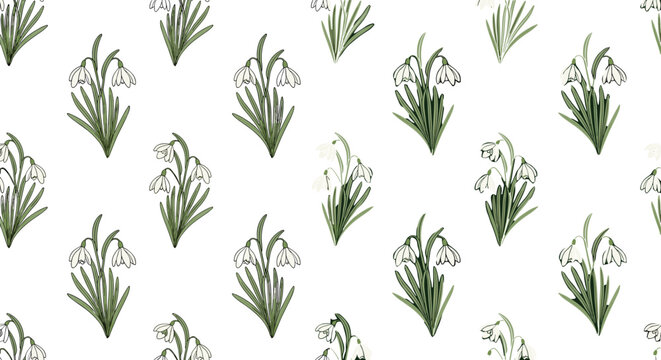 Seamless snowdrop flower pattern with hand drawn botanical elements for spring nature background textile and wallpaper vector illustration