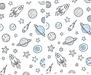 Seamless space pattern with rockets planets stars and comets in doodle line style for kids background vector illustration design © Sumon Creative