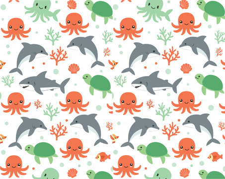 Seamless underwater pattern with dolphins turtles octopus and coral in cute cartoon style for kids ocean vector illustration design
