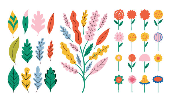 Abstract botanical leaf and flower collection in flat vector style with isolated elements and bouquet composition.