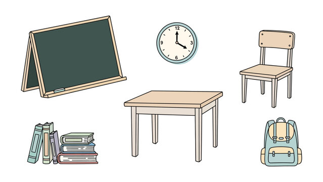 School Essentials Illustration: A charming, illustrated arrangement of essential school items, including a chalkboard, clock, chair, table, stack of books, and backpack.