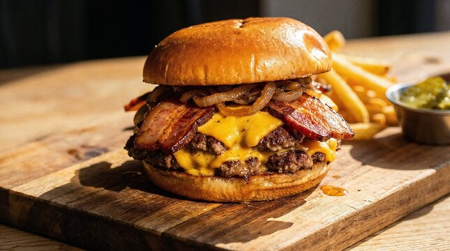 Gourmet double cheeseburger with bacon and fries on a rustic wooden board