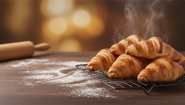 Freshly baked croissants steaming on cooling rack with baking ingredients
