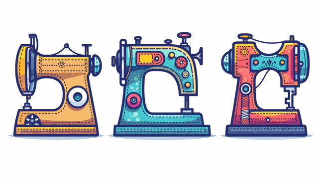 Colorful cartoon style sewing machines in yellow, blue and red, with dark outline