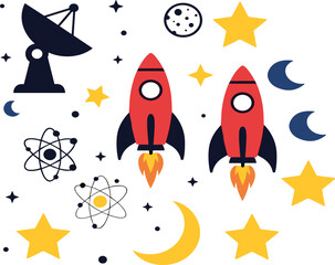 Space elements set with rockets stars moon satellite and atom symbols in flat cartoon style for kids vector illustration design © Sumon Creative