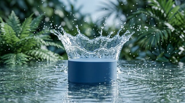 A blue speaker splashing water in a pool surrounded by lush green plants