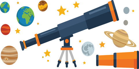 Telescope with planets stars and space elements set for astronomy exploration vector illustration isolated on white background © Sumon Creative