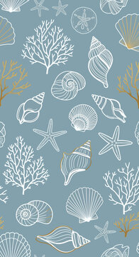Summer beach seamless pattern e-commerce template with seashells and corals