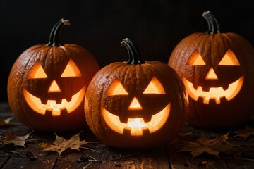 Fototapeta premium Three Jack-o'-Lanterns on Wooden Table