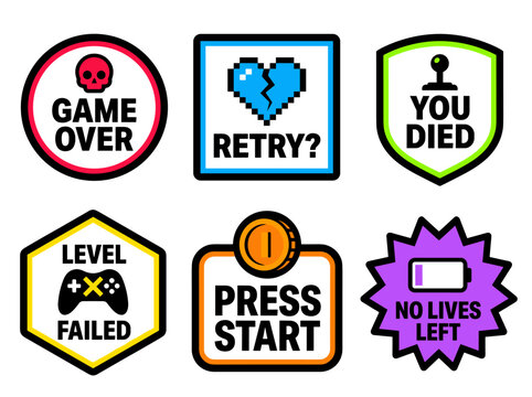 Gaming Sticker Badges: Game Over Minimalist Typographic Vector Icons Set Isolated on White