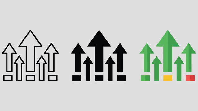 Growth arrow icon. Three upload arrows vector graphic. Upgrade button. Level up symbol. Progress chart pictogram. Boost indicator. Increase diagram. Improve, advance and success concept.