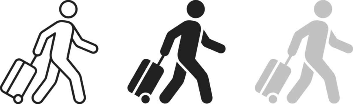 Passenger with baggage icon. Walking person with luggage vector graphic. Traveling person on a vacation symbol. Passenger with a trip suitcase indicator. Black and outline traveler silhouette