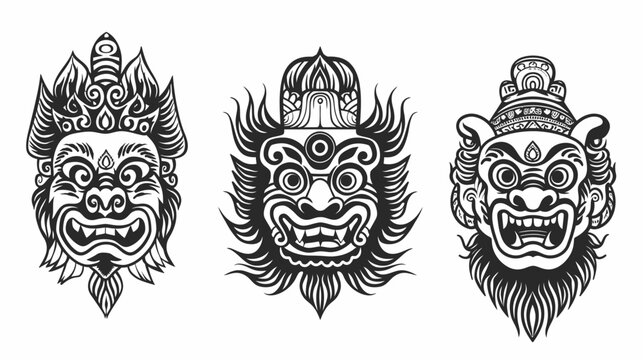 Three monochrome, intricate ornate mask illustrations on a white background