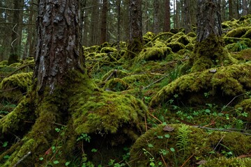 Fototapeta premium Lush Forest with Moss-Covered Trees