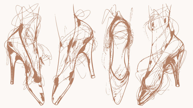 Abstract line art depicts four high heel shoes in earthy brown tones on a white background