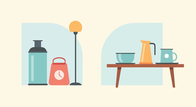 Minimalist household objects like a floor lamp, clock, and kitchenware are depicted in a clean, modern vector illustration style.
