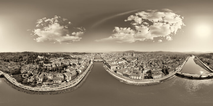 Aerial 360 degree view of Florence stunning cityscape and landmarks from above Italy