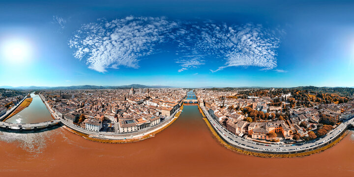 Spherical aerial panorama of Florence showcasing urban landscape with Duomo Cathedral Ponte Vecchio and Arno River