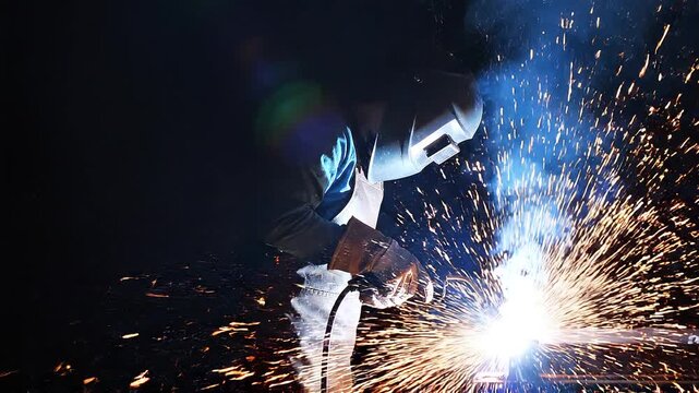 Welder in full protective gear works amid bright flying sparks. Suitable for industrial concepts, construction themes, manufacturing processes, and welding safety.