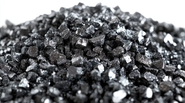 A pile of granular charcoal lumps with reflective surfaces in a high-contrast close-up view