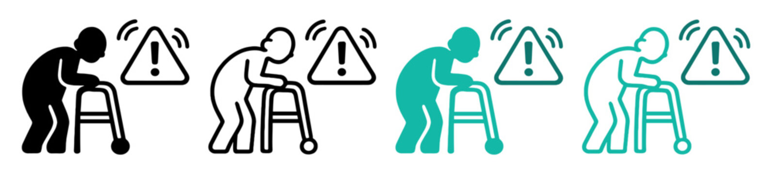 senior fall warning walker icon set on transparent background