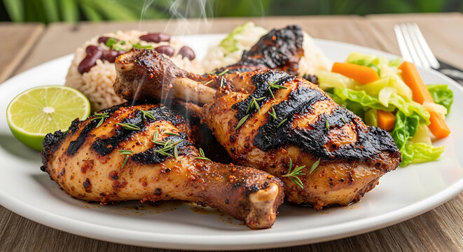 Delicious jerk chicken with rice beans and vegetables on transparent background