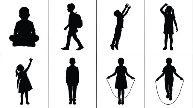 Collection of children silhouettes showing school activities play and daily actions including walking jumping and skipping rope isolated on white