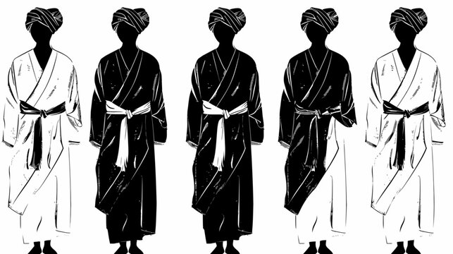 Five figures in robes with sashes are silhouetted in black and white tones