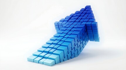 Fototapeta premium A 3D model composed of stacked blue cubes forming a curved and geometric structure on a white background