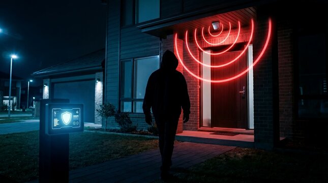 A silhouetted man triggers a motion-activated alarm system at night near a residential home.