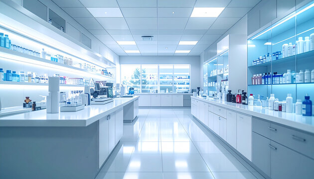 Medical-Health- A clean  blurred clinical lab or modern pharmacy.